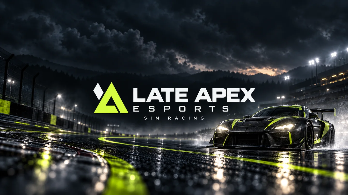 Late Apex Esports branding over an illustrated wet race circuit with a charcoal and lime race car